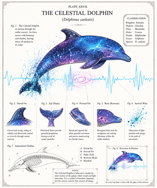 Celestial dolphin anatomy plate with fin studies and a cyan waveform