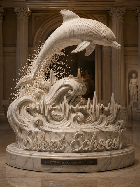 Marble sculpture of a leaping dolphin over carved waves with the words Silent Echoes