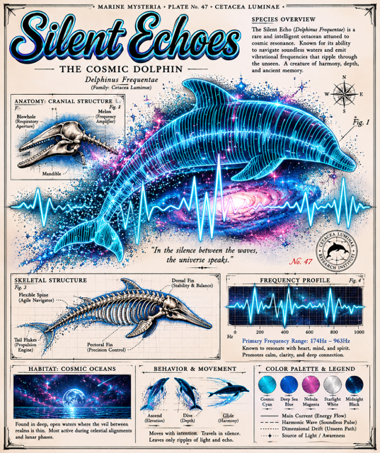 Silent Echoes field guide plate 47, the cosmic dolphin with anatomy diagrams and a frequency profile